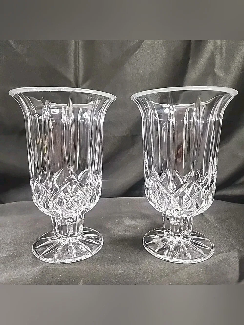 Pair Vintage DePlomb Crystal Hurricane Candle Holders.